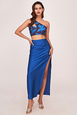 Blue Satin Ankle-Length Skirt Set by House of Varada