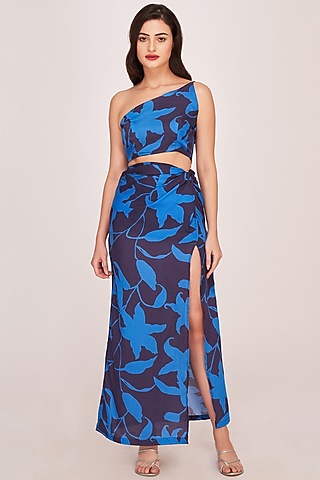 Blue Satin Ankle-Length Skirt Set by House of Varada