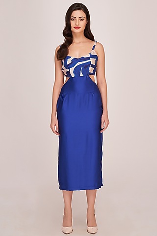 Royal Blue Satin Sleeveless Midi Dress by House of Varada