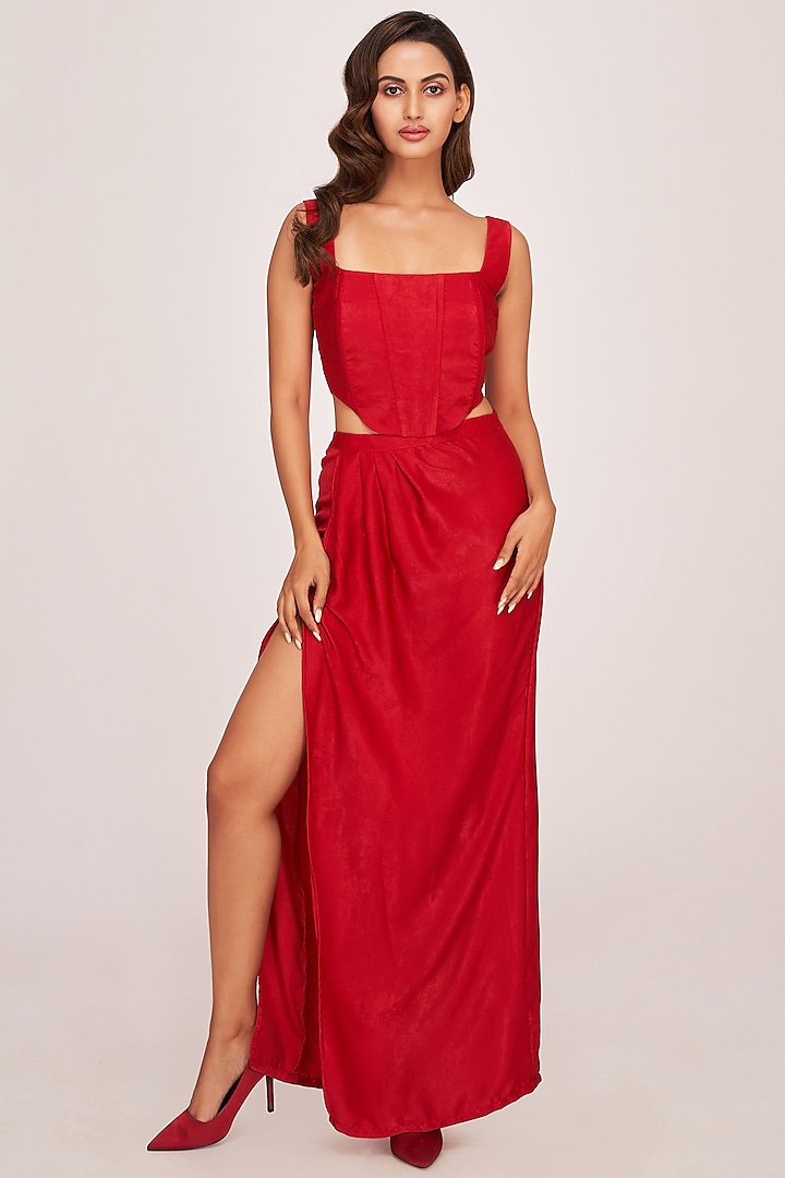 Red Suede Velvet Ankle-Length Skirt Set by House of Varada