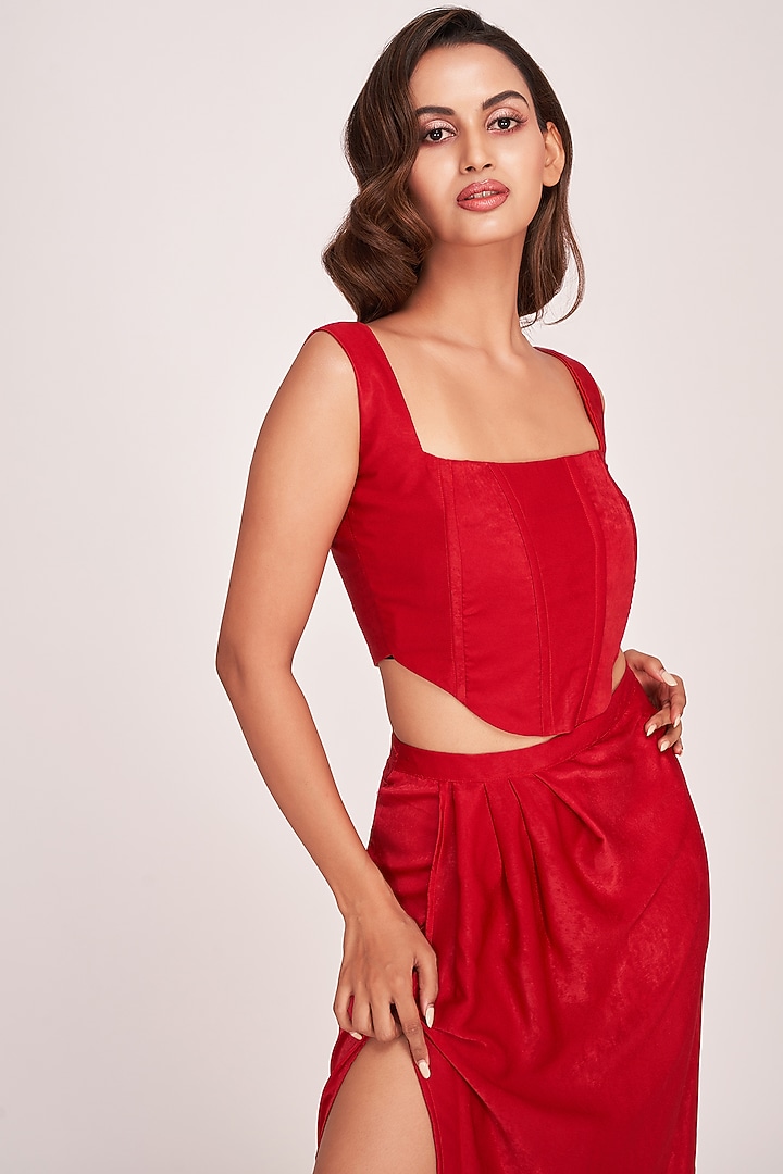 Red Suede Velvet Ankle-Length Skirt Set by House of Varada at Pernia's Pop Up Shop