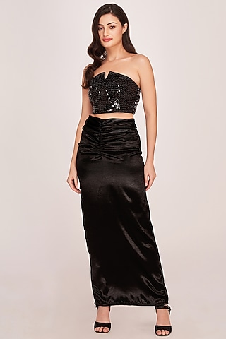 Black Satin Ankle-Length Skirt Set by House of Varada