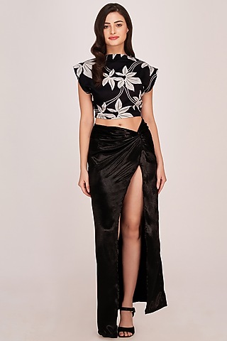 Black Satin Ankle-Length Skirt Set by House of Varada