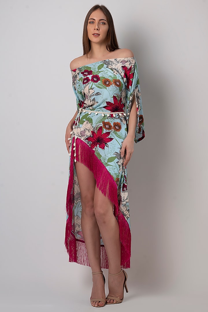 Blue Viscose Floral Printed High-Low Dress by House of Varada