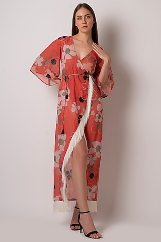 Orange Georgette Floral Printed & Embellished Dress by House of Varada