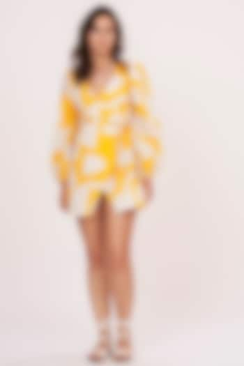 Yellow & Off-White Cotton Satin Printed Knee Length Dress by House of Varada at Pernia's Pop Up Shop