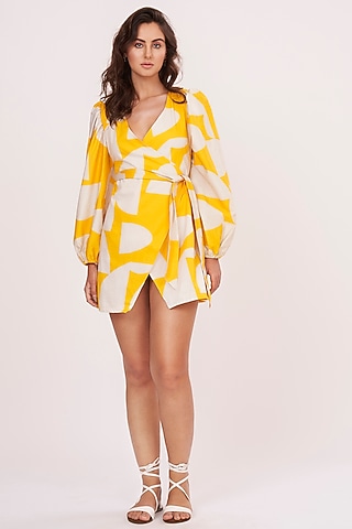 Yellow & Off-White Cotton Satin Printed Knee Length Dress by House of Varada
