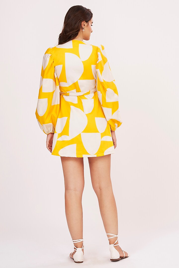 Yellow & Off-White Cotton Satin Printed Knee Length Summer Dress by House of Varada at Pernia's Pop Up Shop