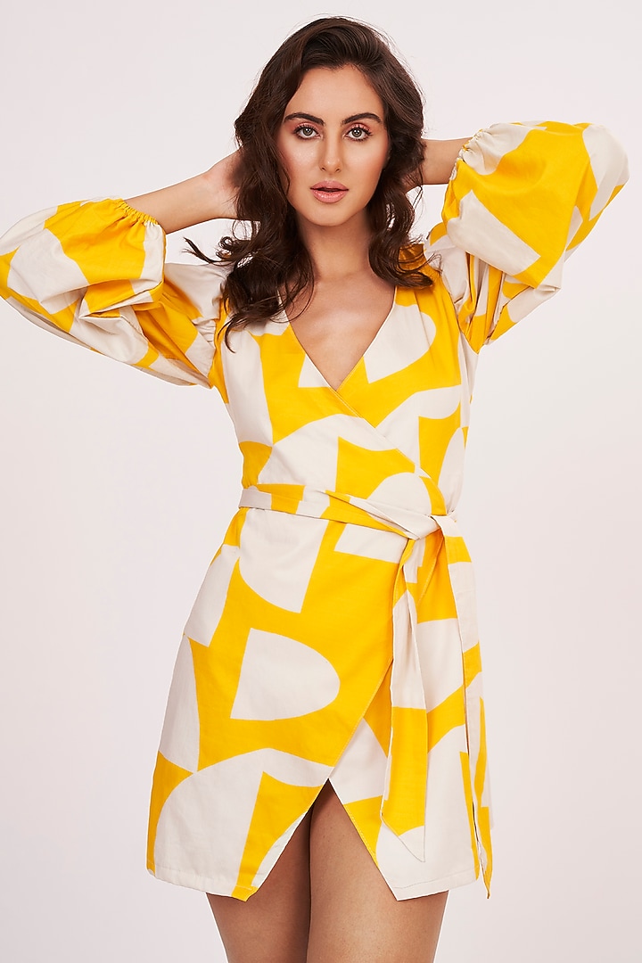 Yellow & Off-White Cotton Satin Printed Knee Length Summer Dress by House of Varada at Pernia's Pop Up Shop