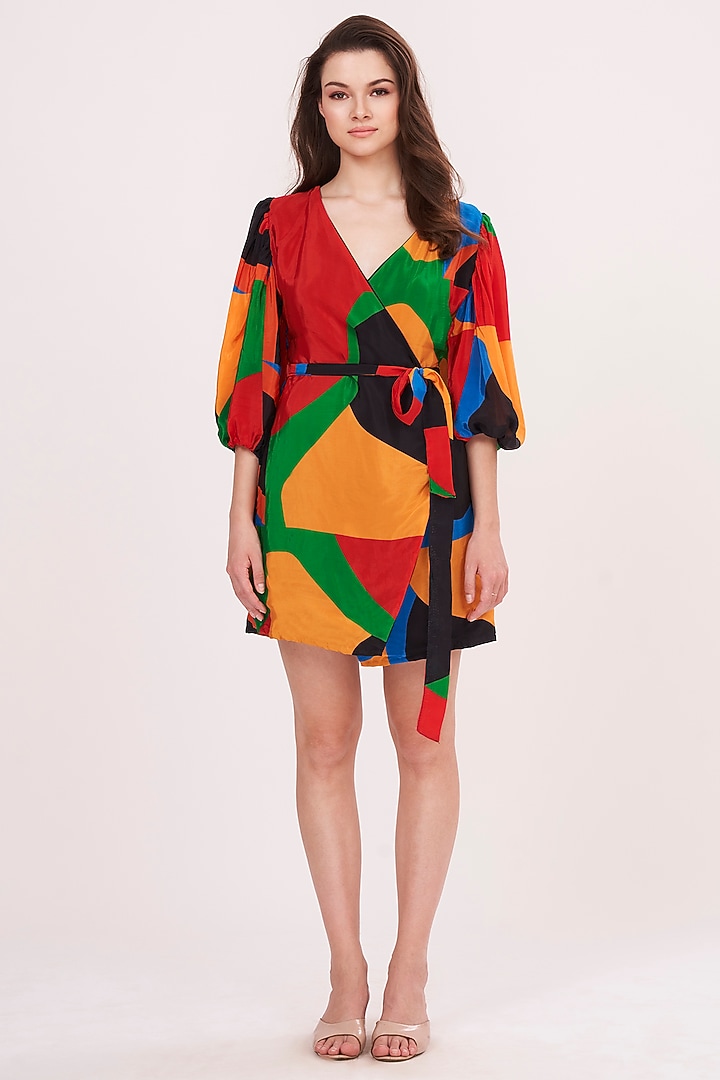 Multi-Colored Crepe Printed Wrap Summer Dress by House of Varada at Pernia's Pop Up Shop
