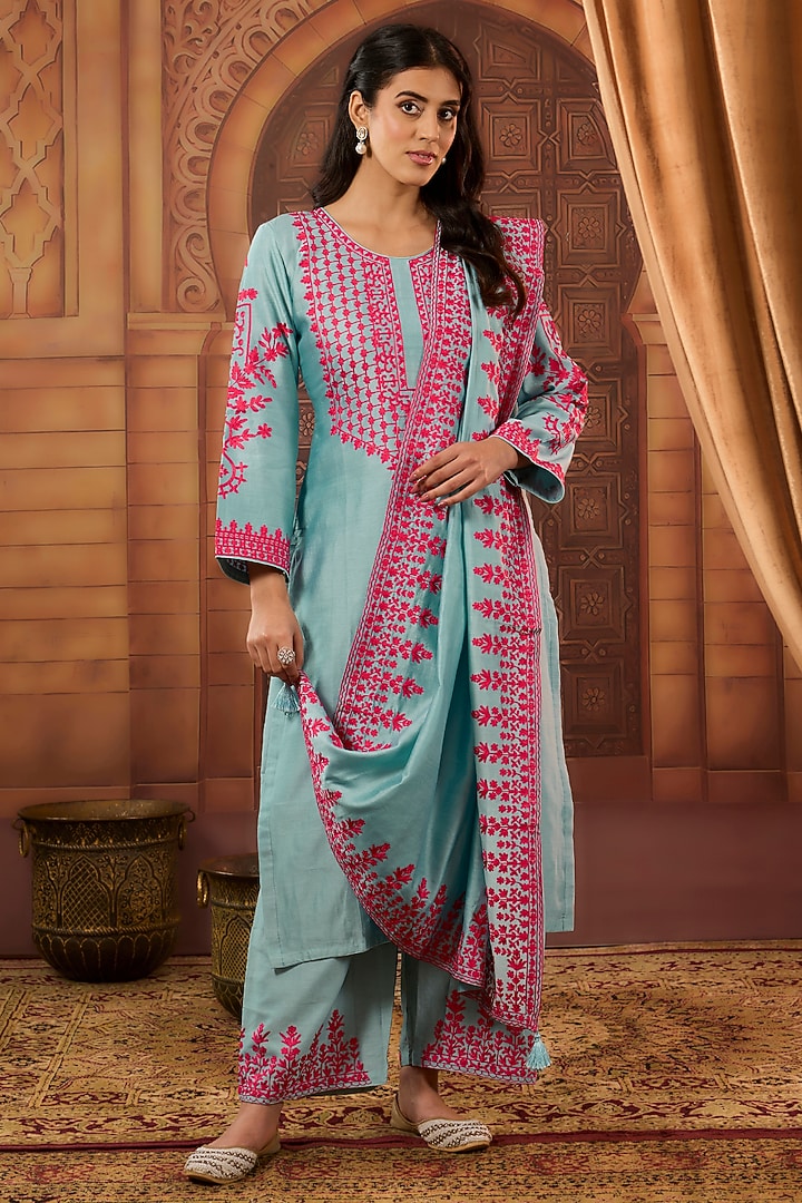 Multi-Colored Dhaka Silk Aari Work Kurta Set by VAGA FASHIONS at Pernia's Pop Up Shop