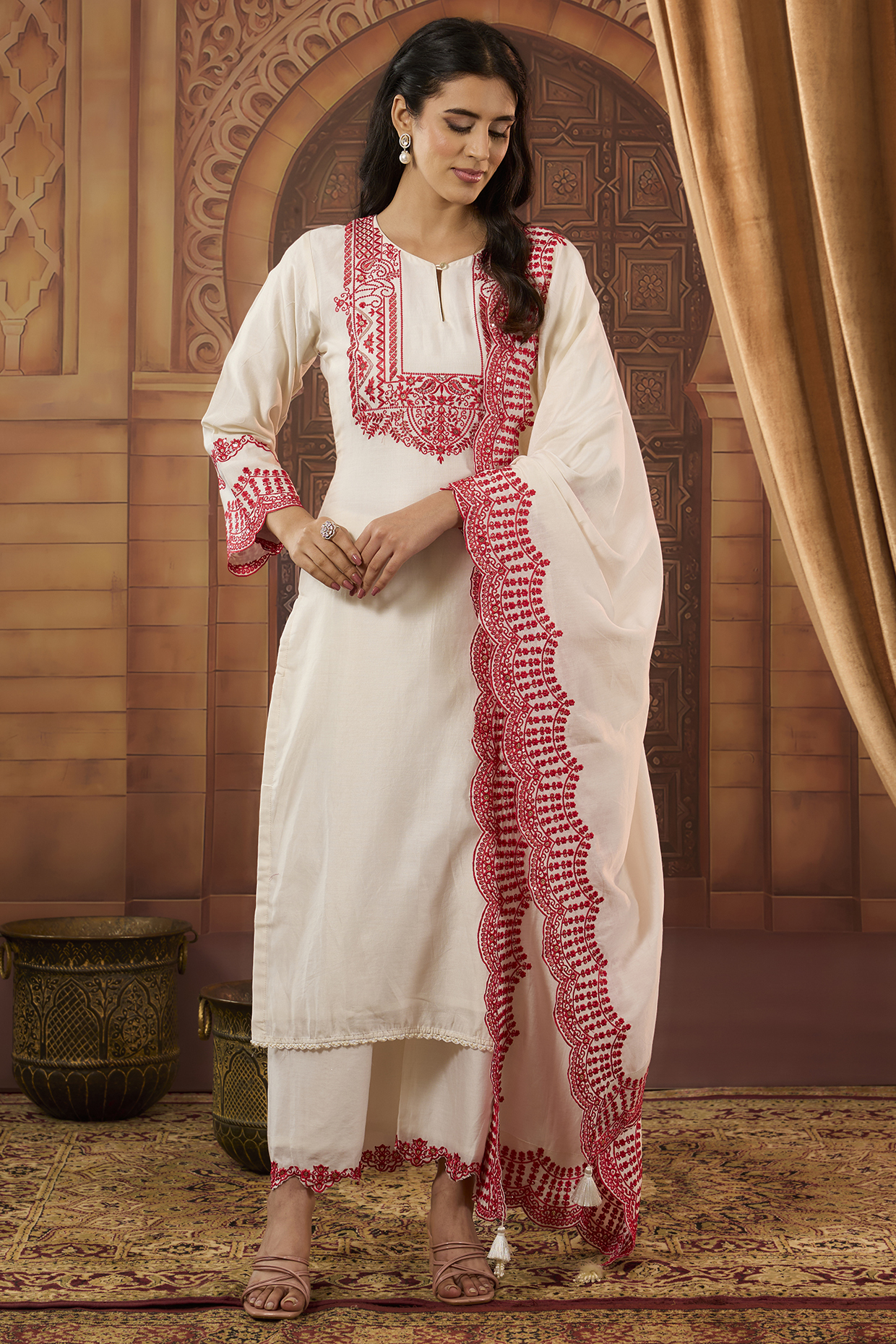 Ivory Dhaka Silk Resham Work Kurta Set by VAGA FASHIONS at Pernia's Pop Up Shop