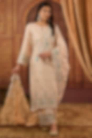 Beige Dhaka Silk Resham Jaal Work Kurta Set by VAGA FASHIONS at Pernia's Pop Up Shop