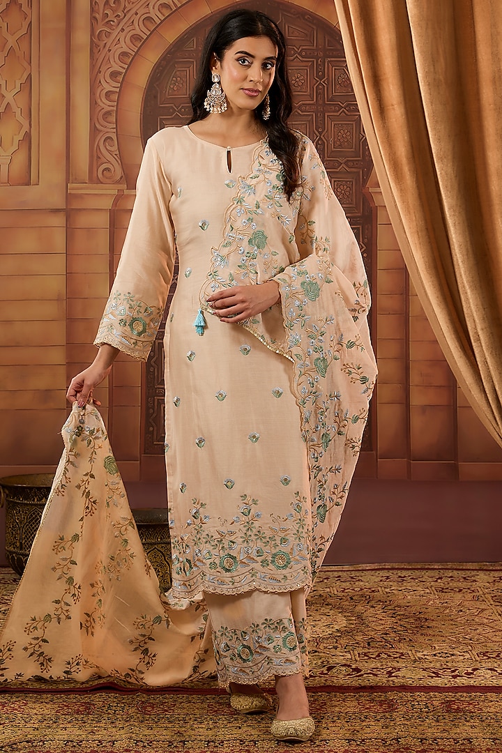 Beige Dhaka Silk Resham Jaal Work Kurta Set by VAGA FASHIONS at Pernia's Pop Up Shop