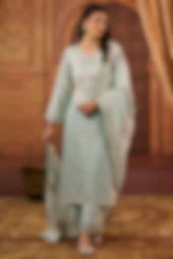 Aqua Dhaka Silk Resham Work Kurta Set by VAGA FASHIONS at Pernia's Pop Up Shop
