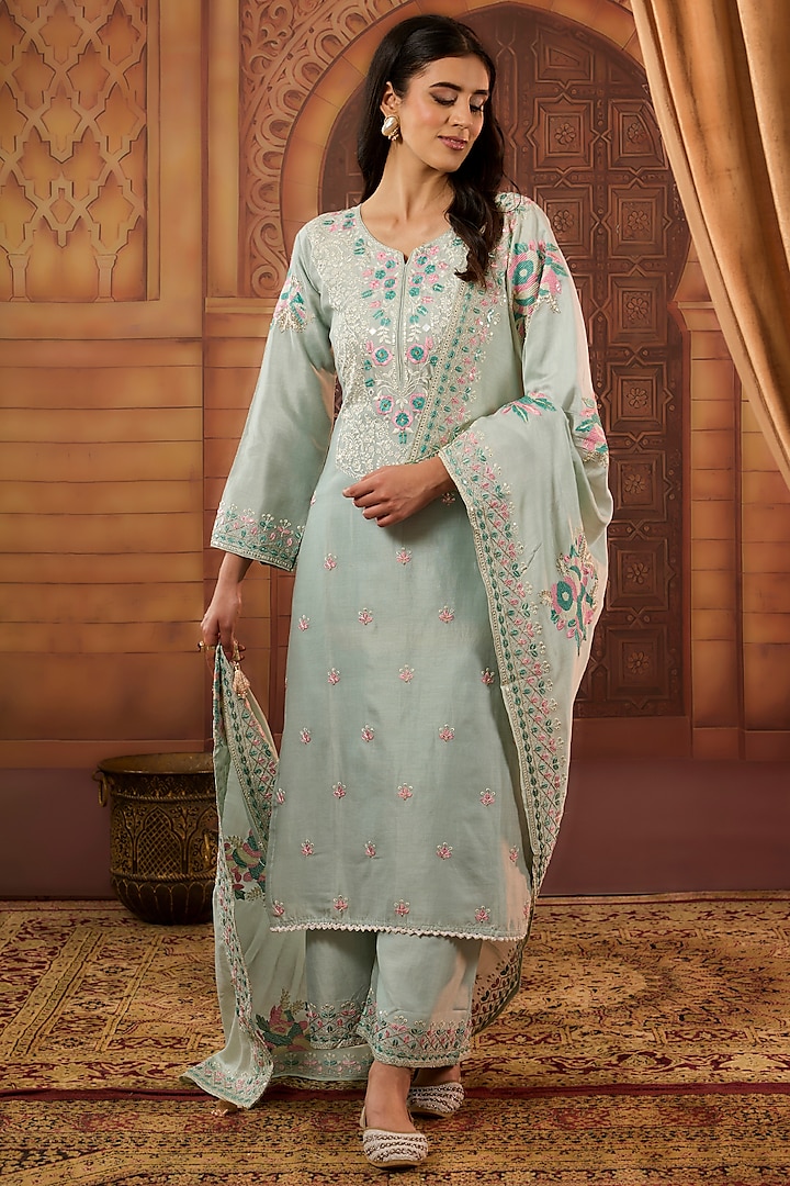 Aqua Dhaka Silk Resham Work Kurta Set by VAGA FASHIONS at Pernia's Pop Up Shop