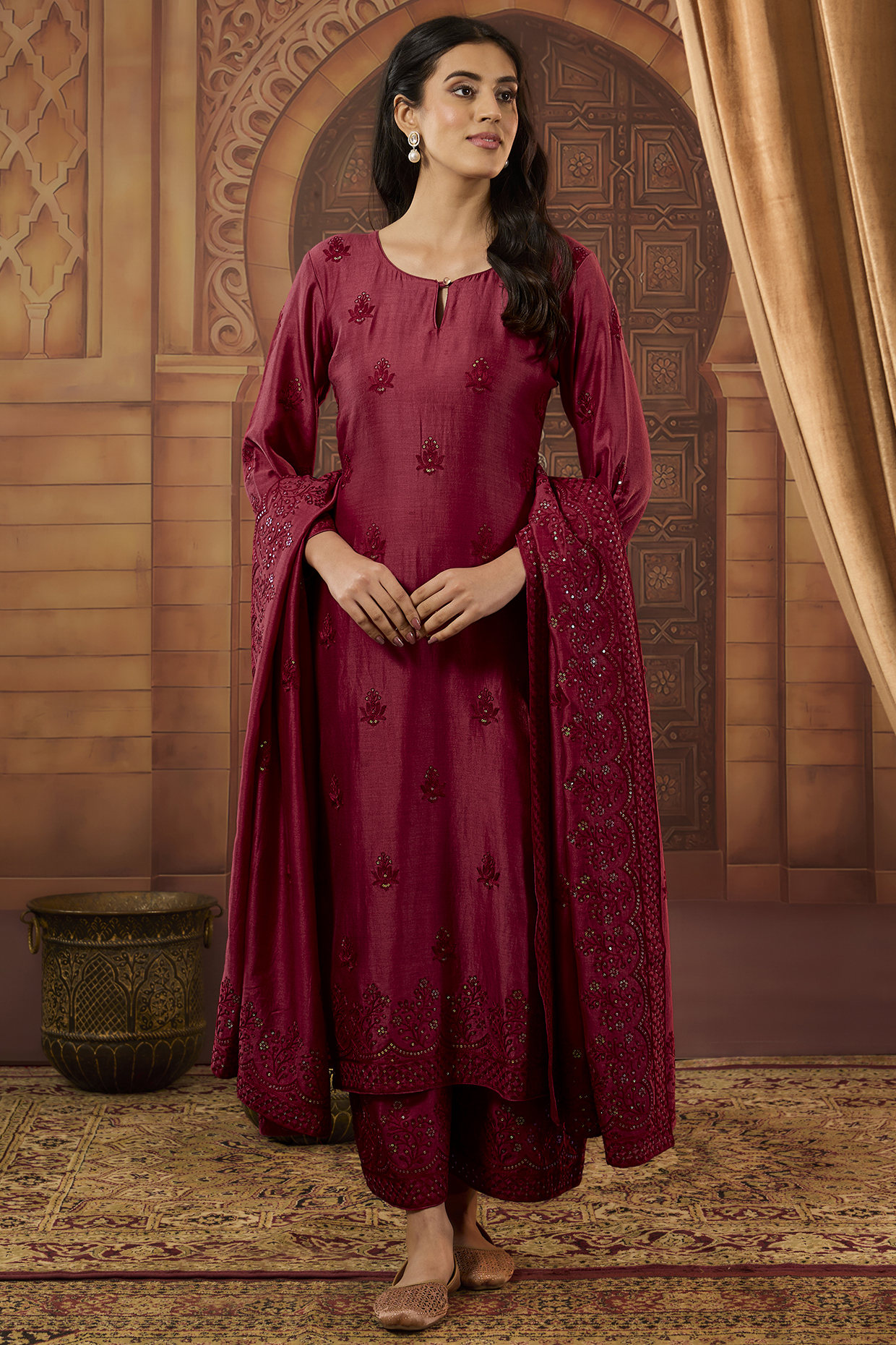 Maroon Dhaka Silk Resham Work Kurta Set by VAGA FASHIONS at Pernia's Pop Up Shop