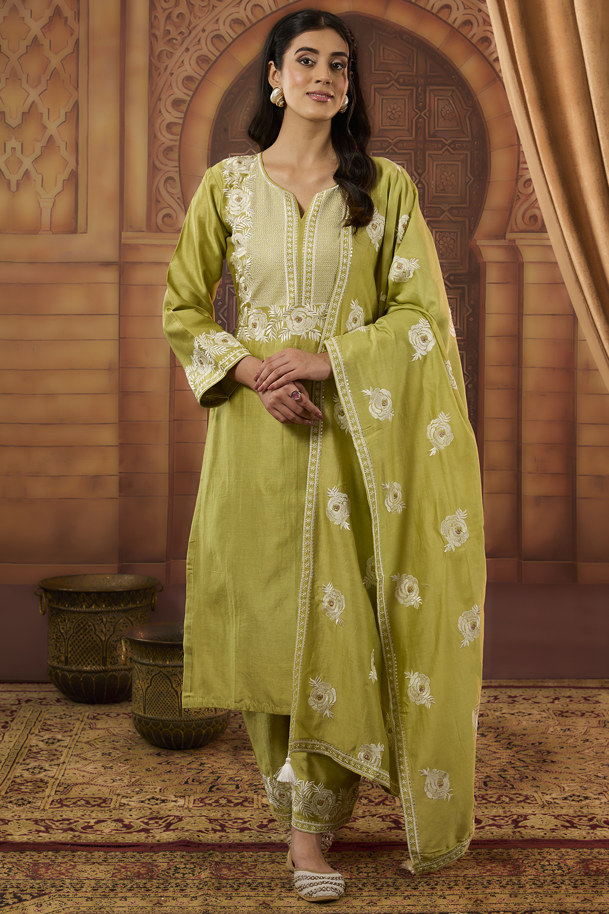 Green Dhaka Silk Resham Work Kurta Set by VAGA FASHIONS at Pernia's Pop Up Shop