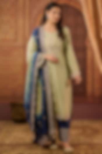 Olive Green Dhaka Silk Zari Patra Work Kurta Set by VAGA FASHIONS at Pernia's Pop Up Shop
