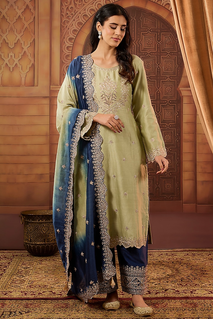 Olive Green Dhaka Silk Zari Patra Work Kurta Set by VAGA FASHIONS at Pernia's Pop Up Shop