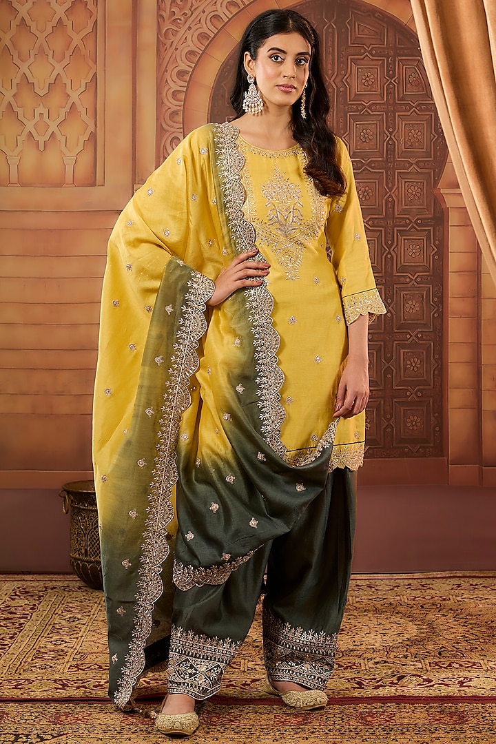 Yellow Dhaka Silk Zari Patra Work Kurta Set by VAGA FASHIONS at Pernia's Pop Up Shop