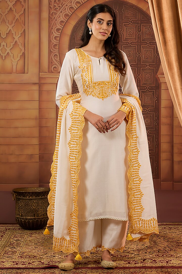 Ivory Dhaka Silk Resham Sequins Work Kurta Set by VAGA FASHIONS at Pernia's Pop Up Shop