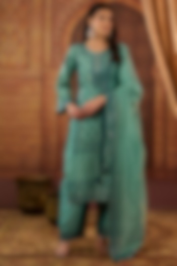Green Dhaka Silk Resham Sequins Work Kurta Set by VAGA FASHIONS at Pernia's Pop Up Shop