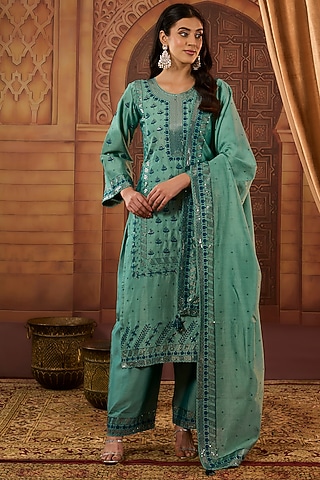 Green Dhaka Silk Resham Sequins Work Kurta Set by VAGA FASHIONS