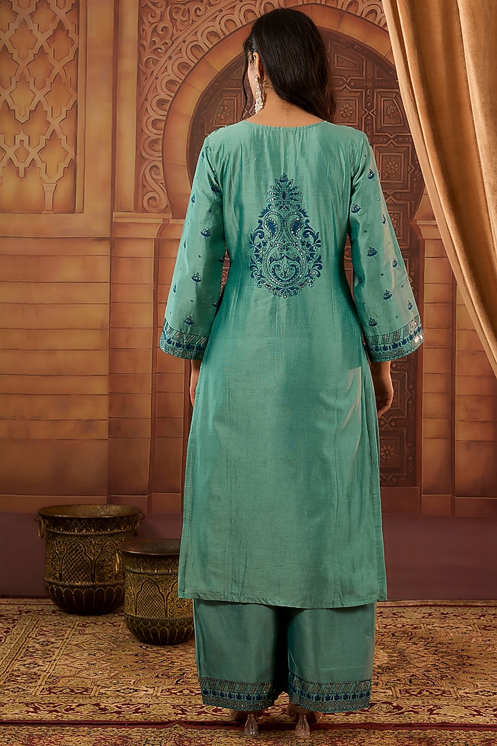 Green Dhaka Silk Resham Sequins Work Kurta Set by VAGA FASHIONS at Pernia's Pop Up Shop