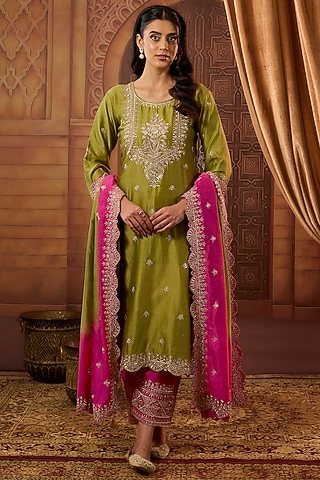 Mehendi Green Dhaka Silk Zari Patra Work Kurta Set by VAGA FASHIONS
