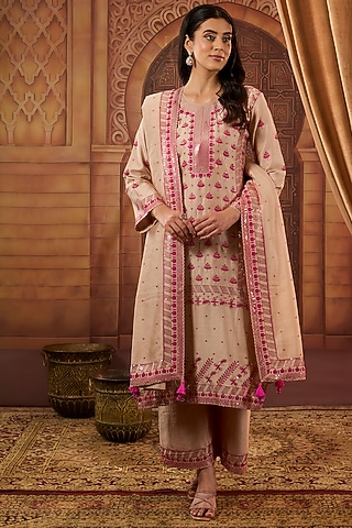 Multi-Colored Dhaka Silk Resham Sequins Work Kurta Set by VAGA FASHIONS