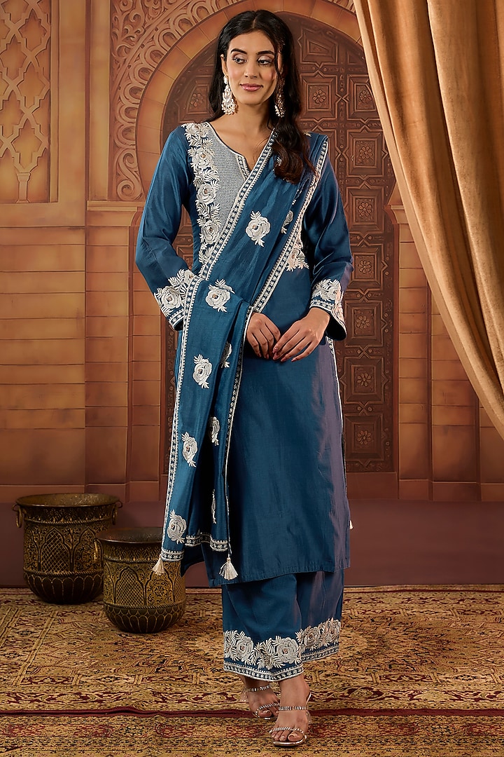 Blue Dhaka Silk Resham Badla Work Kurta Set by VAGA FASHIONS at Pernia's Pop Up Shop