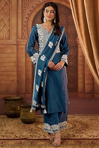 Blue Dhaka Silk Resham Badla Work Kurta Set by VAGA FASHIONS
