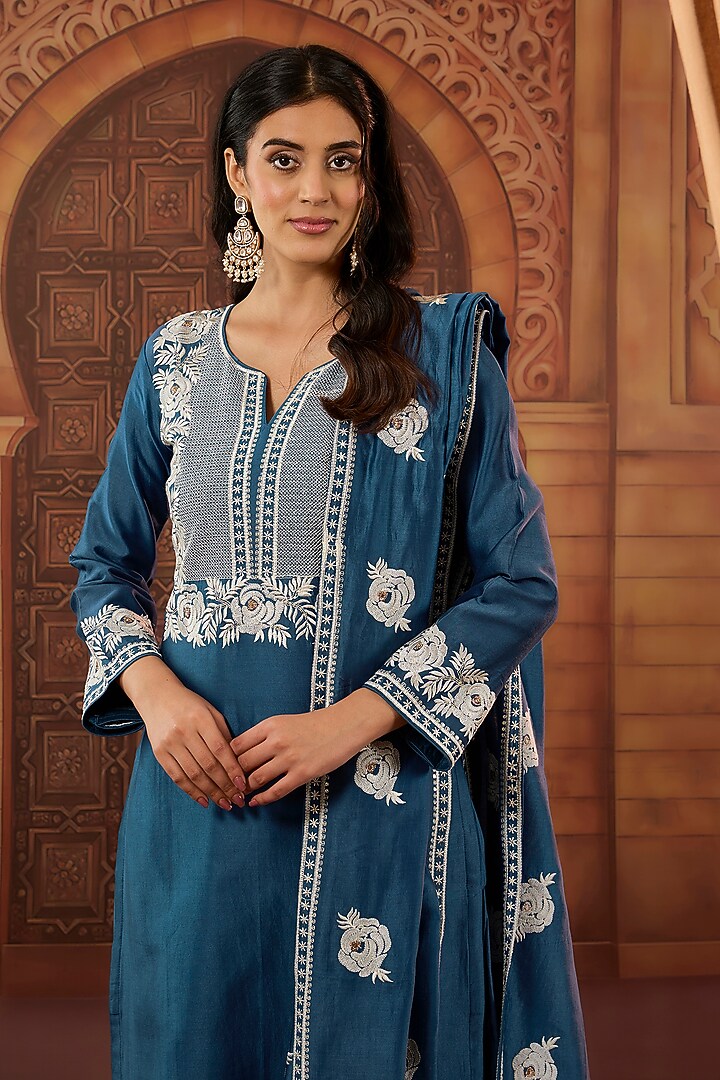 Blue Dhaka Silk Resham Badla Work Kurta Set by VAGA FASHIONS at Pernia's Pop Up Shop