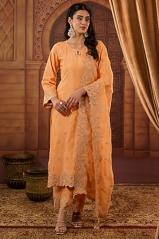 Orange Dhaka Silk Sequins Badla Work Kurta Set by VAGA FASHIONS