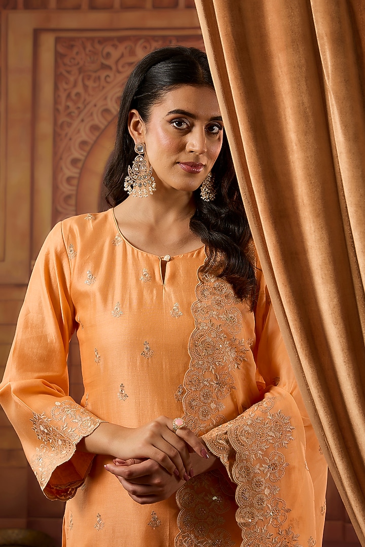 Orange Dhaka Silk Sequins Badla Work Kurta Set by VAGA FASHIONS at Pernia's Pop Up Shop
