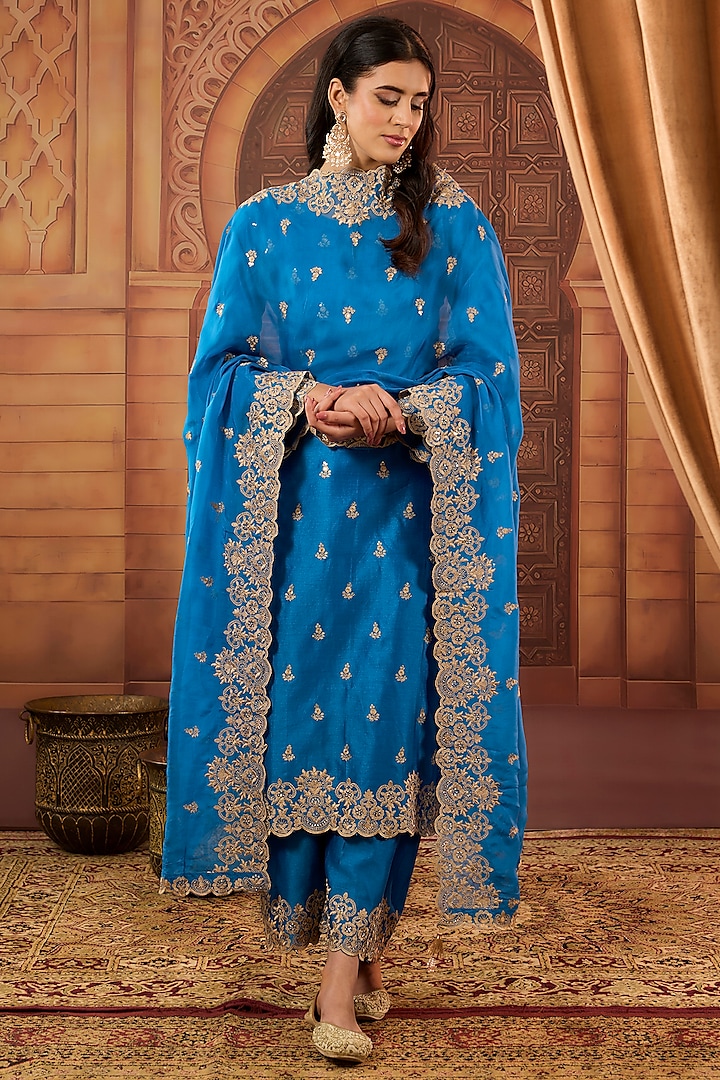 Blue Dhaka Silk Sequins Badla Work Kurta Set by VAGA FASHIONS at Pernia's Pop Up Shop