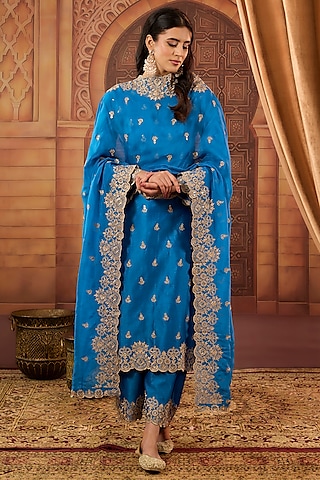 Blue Dhaka Silk Sequins Badla Work Kurta Set by VAGA FASHIONS