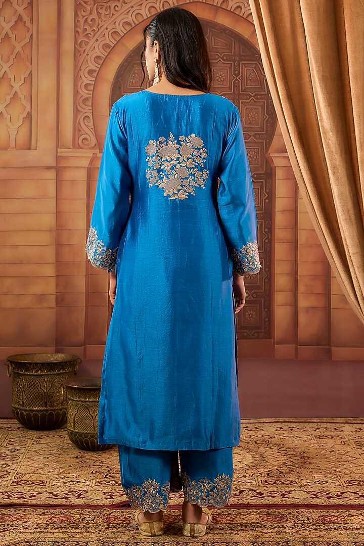 Blue Dhaka Silk Sequins Badla Work Kurta Set by VAGA FASHIONS at Pernia's Pop Up Shop
