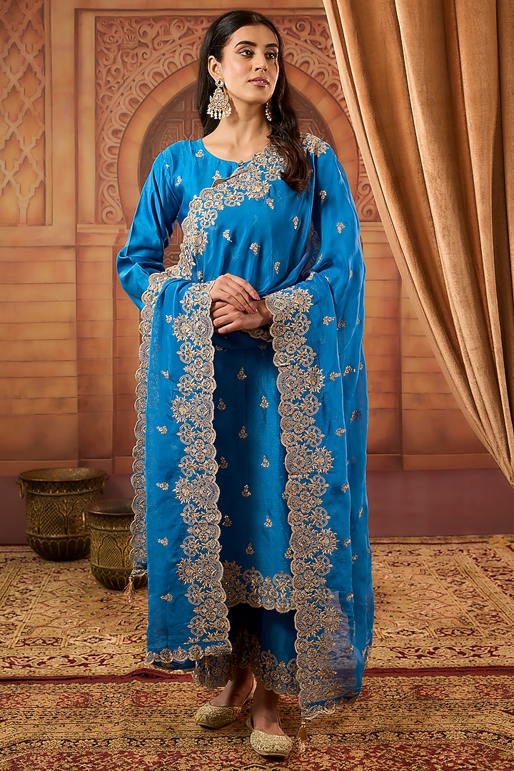 Blue Dhaka Silk Sequins Badla Work Kurta Set by VAGA FASHIONS at Pernia's Pop Up Shop