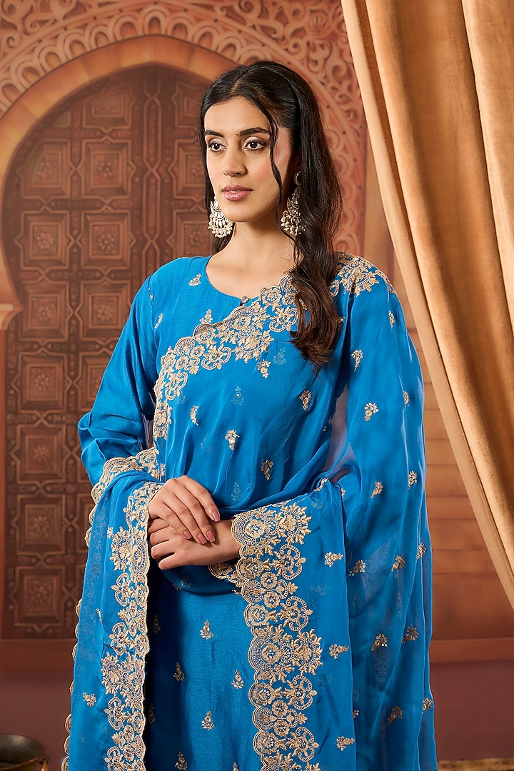 Blue Dhaka Silk Sequins Badla Work Kurta Set by VAGA FASHIONS at Pernia's Pop Up Shop