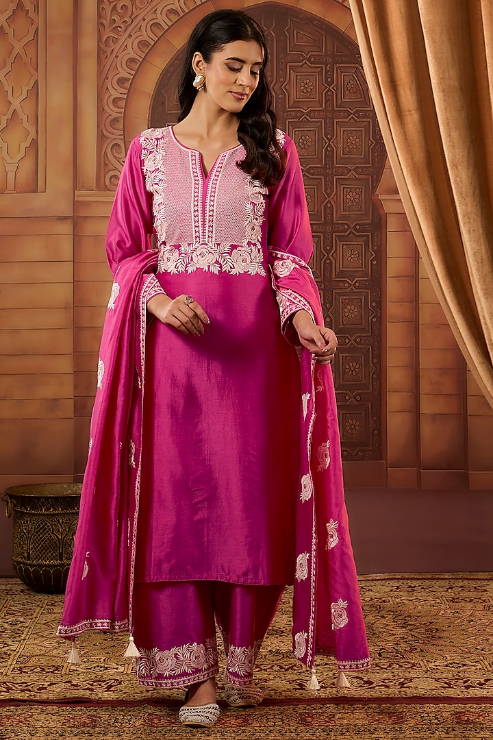 Pink Dhaka Silk Resham Badla Work Kurta Set by VAGA FASHIONS at Pernia's Pop Up Shop