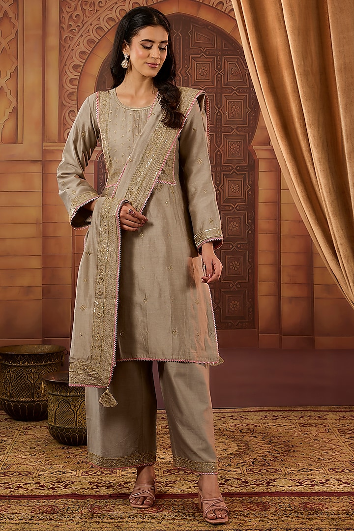 Beige Dhaka Silk Zari Sequins Work Kurta Set by VAGA FASHIONS at Pernia's Pop Up Shop