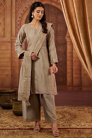 Beige Dhaka Silk Zari Sequins Work Kurta Set by VAGA FASHIONS