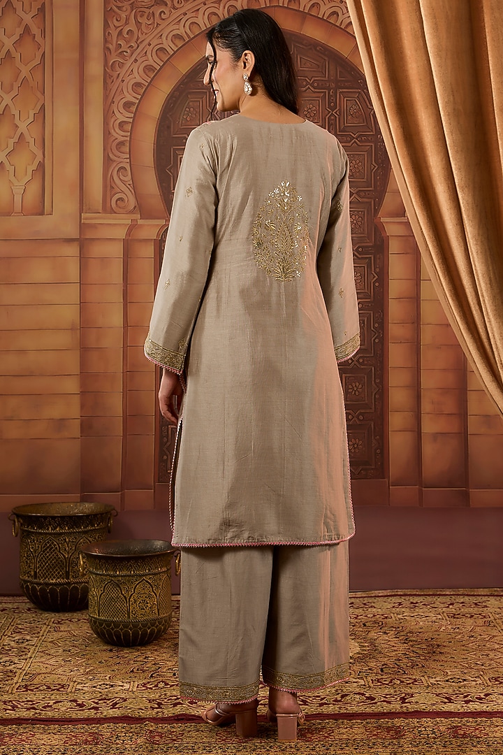 Beige Dhaka Silk Zari Sequins Work Kurta Set by VAGA FASHIONS at Pernia's Pop Up Shop