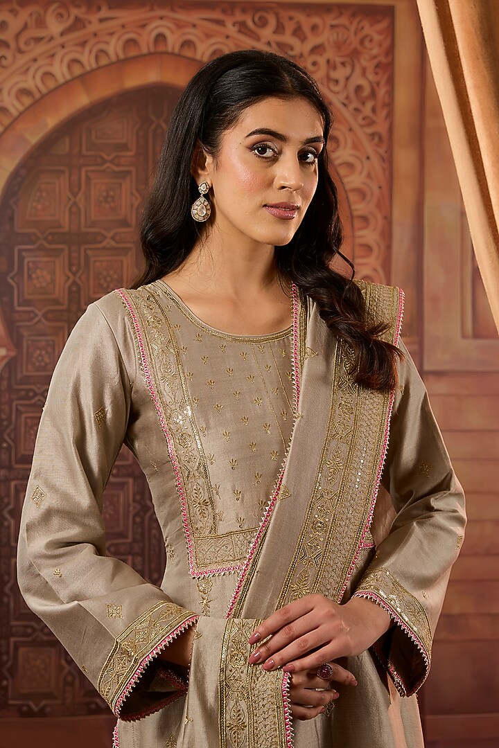 Beige Dhaka Silk Zari Sequins Work Kurta Set by VAGA FASHIONS at Pernia's Pop Up Shop