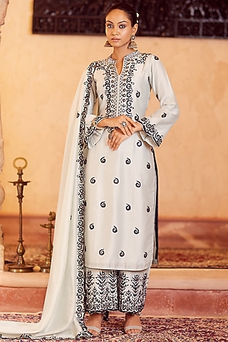 Light Aqua Dhaka Silk Embroidered Kurta Set by VAGA FASHIONS