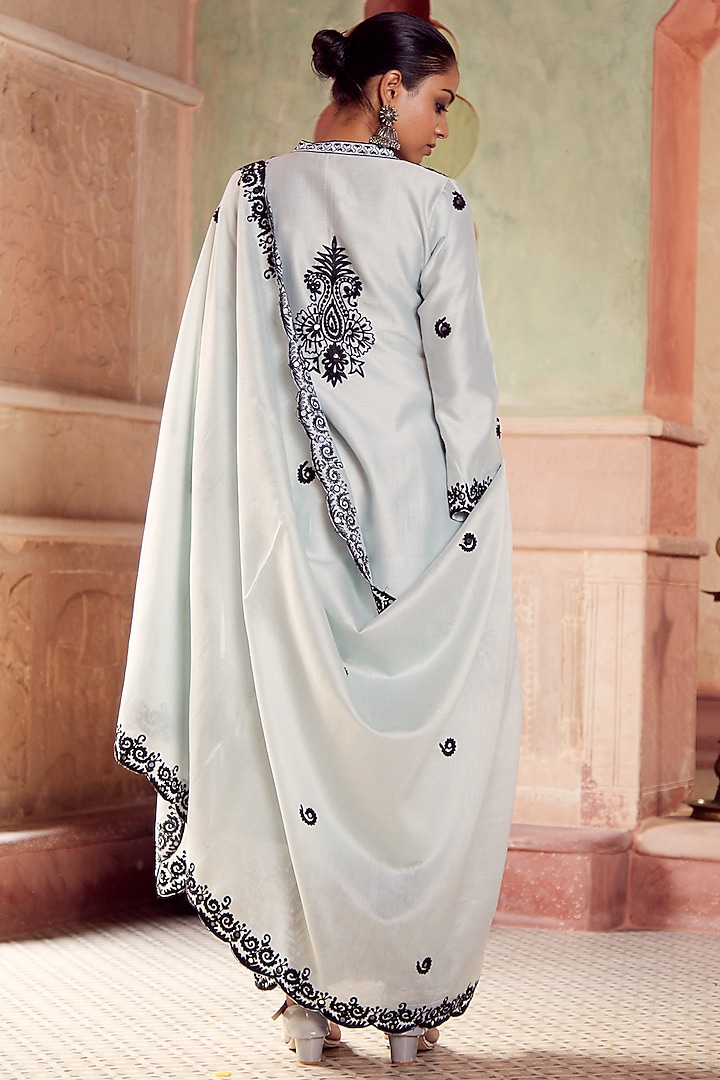 Light Aqua Dhaka Silk Embroidered Kurta Set by VAGA FASHIONS at Pernia's Pop Up Shop