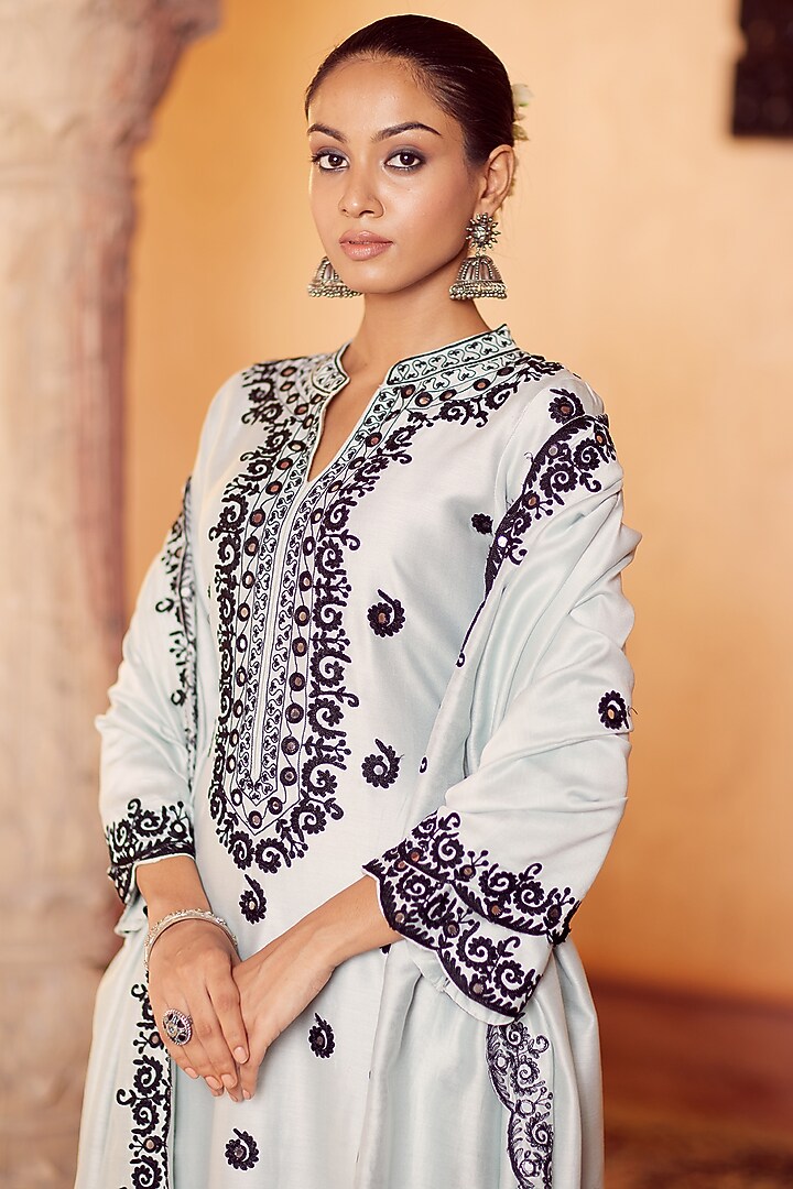 Light Aqua Dhaka Silk Embroidered Kurta Set by VAGA FASHIONS at Pernia's Pop Up Shop