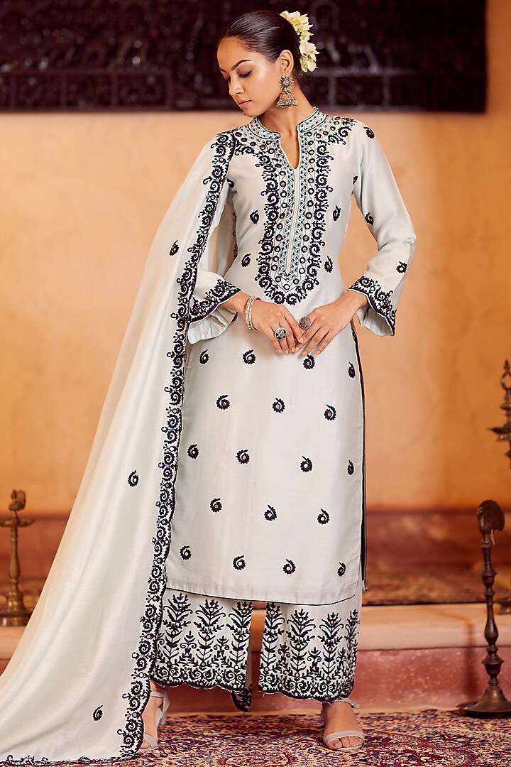 Light Aqua Dhaka Silk Embroidered Kurta Set by VAGA FASHIONS at Pernia's Pop Up Shop